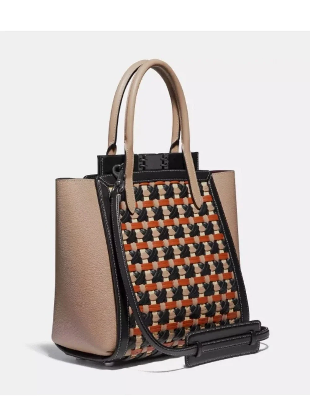 Coach 1941 Troupe Tote Turnlock Woven Pebbled Glovetanned Leather Satchel Black